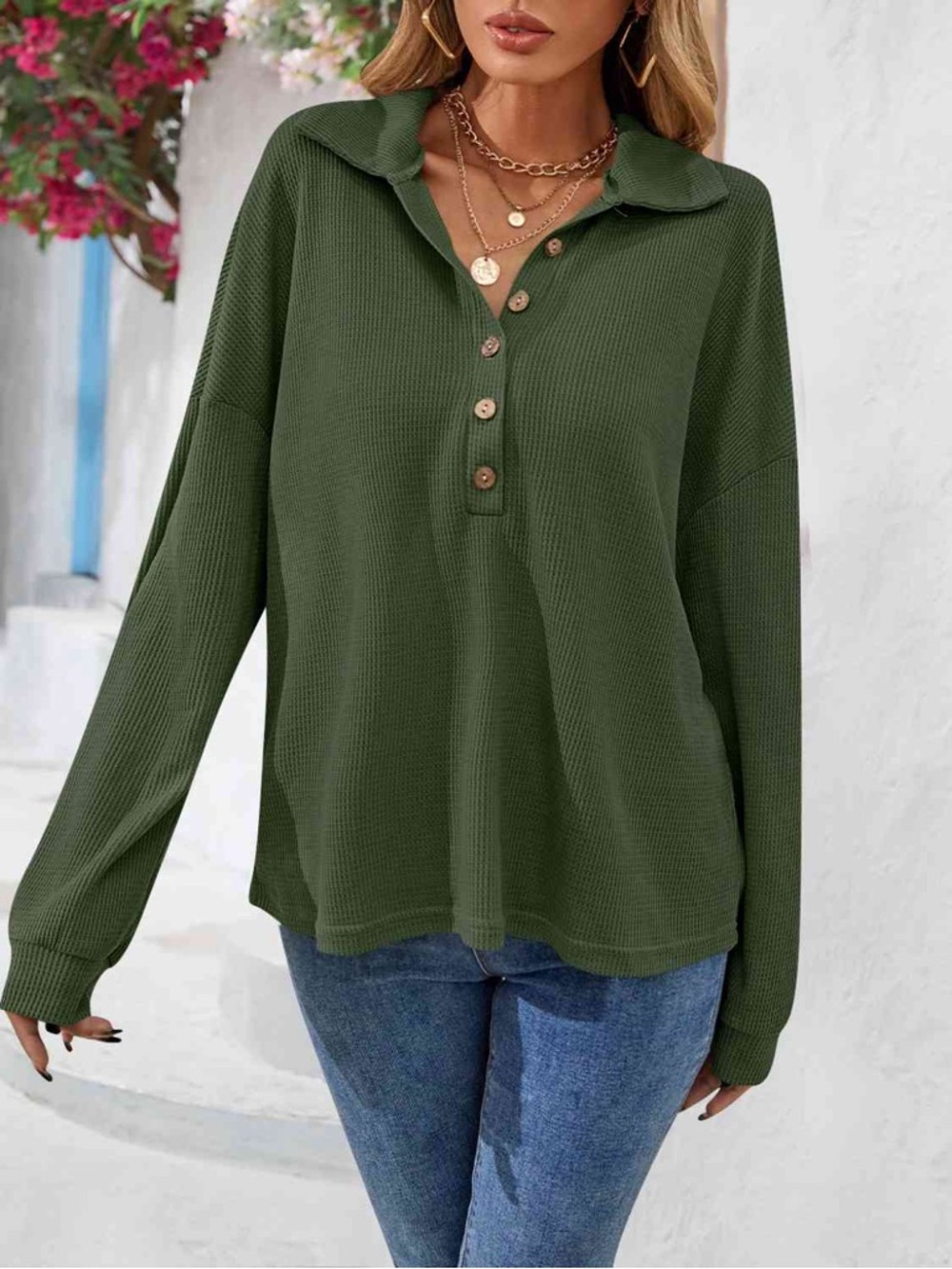 SHEIN Olive Green Waffle Knit Henley Long Sleeve Top